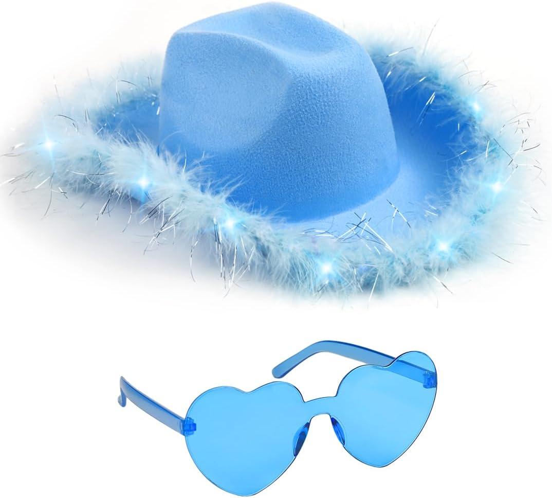 Funcredible Light Up Cowboy Hat and Glasses LED Cowgirl Hat with Feathers Cowgirl Costume Accessories for Women (Blue)