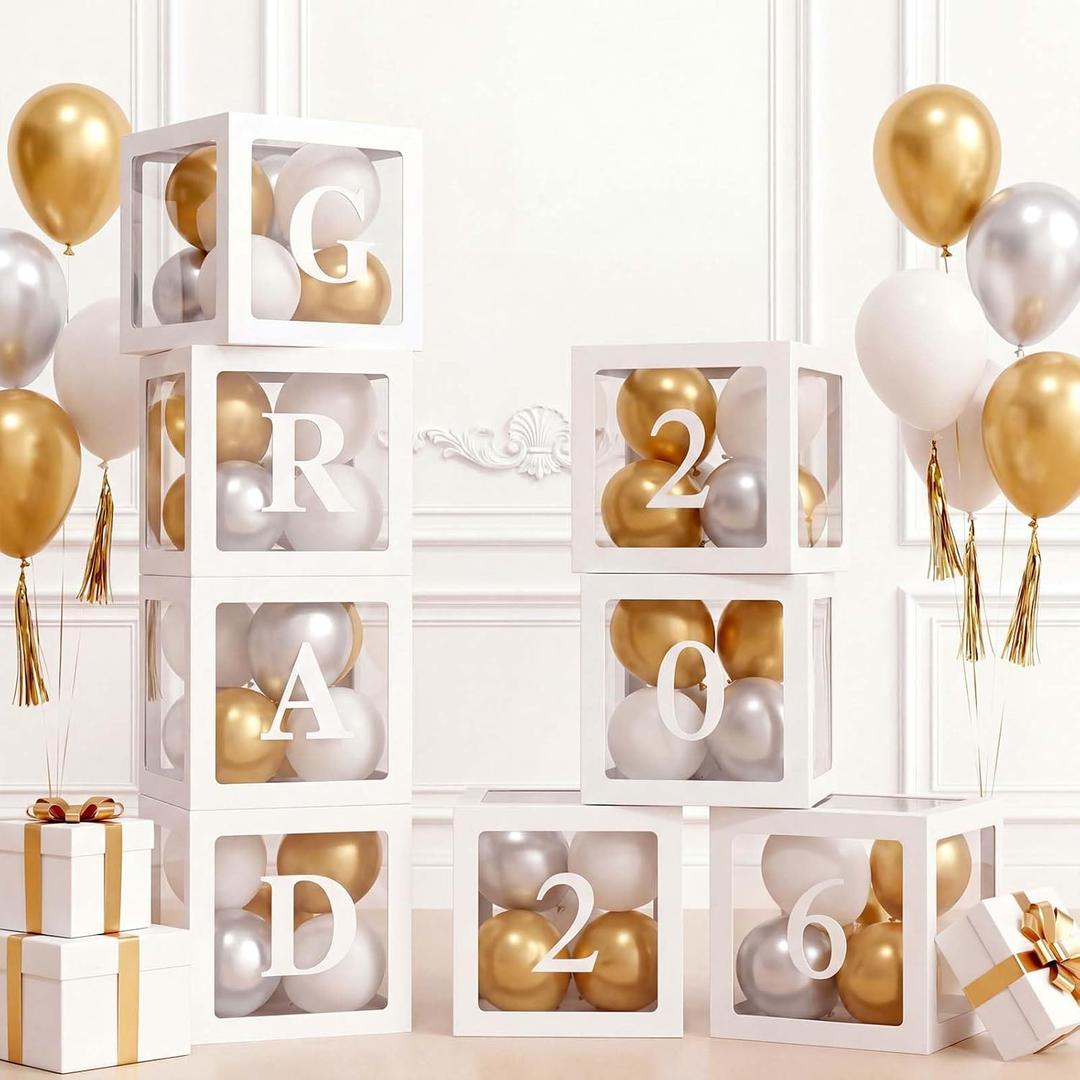 Ledido 2026 Graduation Balloon Boxes Decorations, 4 Pieces White Clear Grad Balloon boxes with Letters, Class of 2026 Graduation Party Supplies for College, High School, Prom, Birthday, Baby Shower