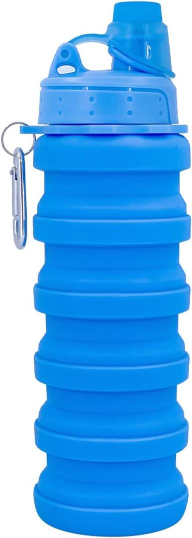 Collapsible Water Bottles Travel Water Bottle Sports Portable Sport Water Bottle Reusable Water Bottles Comes With Mountaineering Buckle 500Ml Silicone Water-Proof Camping Water Bottle (Blue)