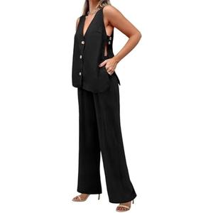 Tankaneo Womens 2 Piece Linen Sets Summer Outfits Sleeveless V Neck Botton Down Tank Tops and Pants Matching Set XL Tankaneo Womens 2 Piece Linen Sets Summer Outfits Sleeveless V Neck Botton Down Tank Tops and Pants Matching Set XL