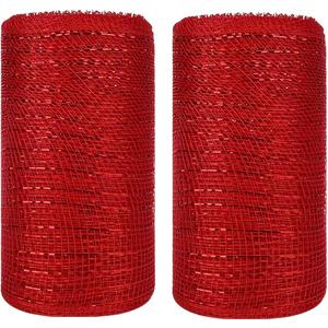 2 Rolls Red Mesh Ribbon for Wreath Crafts, 6 Inch x 30FT Per Roll Metallic Foil Deco Mesh Rolls Decorative Mesh Fabric for Christmas Tree Wreath Garland Swag Basket Home Party Decor