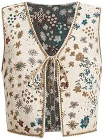 SweatyRocks Women's Floral Print V Neck Vest Tie Front Sleeveless Boho Vests Tops Medium