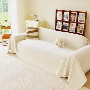 VANJOROY Beige Oversized Couch Sofa Cover for 3-4 Cushion Sectional Sofa L-Shape -Washable Chenille Couch Cover for Dogs Pets, Boho Couch Cover Protector Soft Sofa Slipcovers with Tassel,91"x 150"