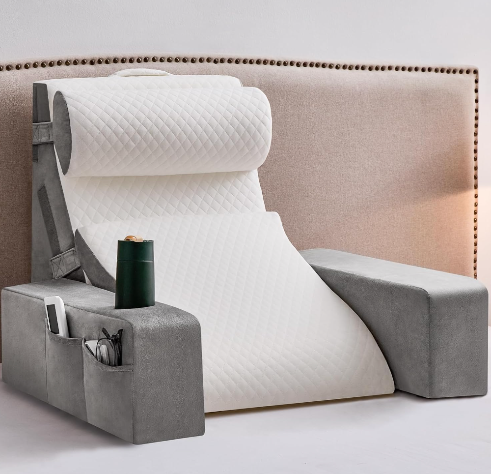 Reading Pillow for Sitting in Bed Adult, Back Pillow for Bed Sitting up with Arms, Pockets and Cup holder, Sit Up Backrest Pillows for Beds Chair Support, Rest Pillow for Gaming (Light gray, 5PCS)