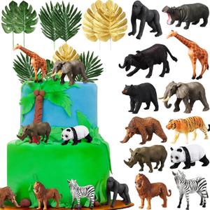 18 Pcs Jungle Animal Cake Toppers 12 Realistic Wild Forest Animals Figures 6 Artificial Palm Leaves Decor for Jungle Theme Birthday Party Favors