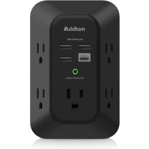 USB Wall Charger Surge Protector - Addtam 5 Outlet Extender with 4 USB Charging Ports (1 USB C), 3-Sided 1800J Power Strip Multi Plug Outlets Adapter Widely Spaced, Black