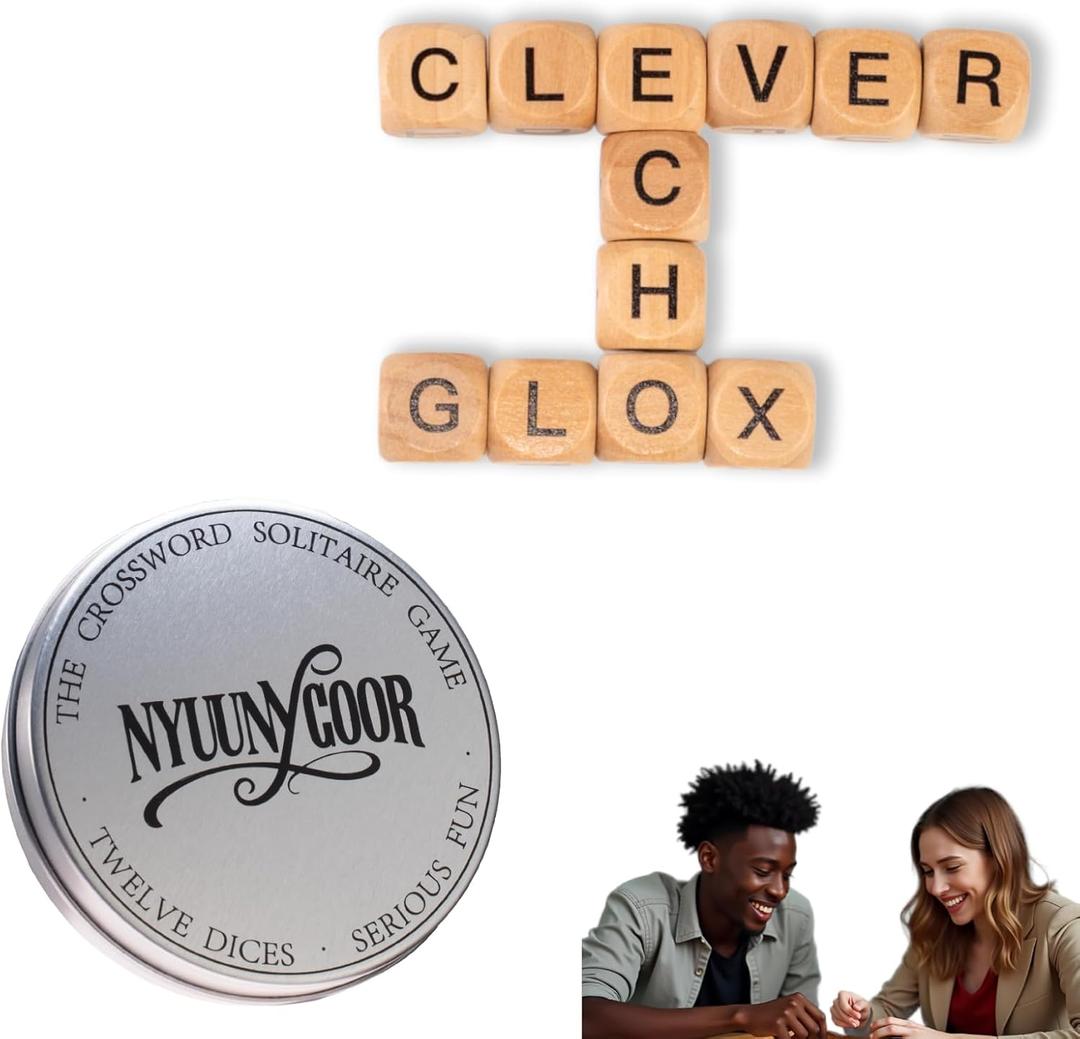 Crossword Solitaire Dice Game, Q Missing Word Spelling Origin Dice Games, q Absent Less Wooden Letter Tiles Board Games for Camping,with Metal Case & Pouch (Silver)