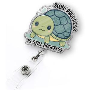 Cute Turtle Badge Reel Retractable for Nurse Nursing Student RN CNA & Medical Worker, Slow Progress is Still Progress Badge Clip, Pediatric Badge Holder with Alligator Clip & 24" Durable Nylon Cord
