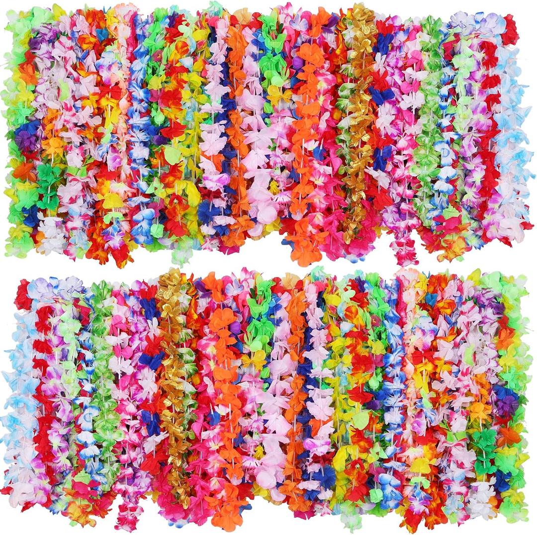 200 Pieces Hawaiian Luau Leis Flowers Necklaces Summer Beach Vacation Pool Luau Party Favors Supplies Tropical Theme Party Decorations For Birthday Wedding Colorful Random Color