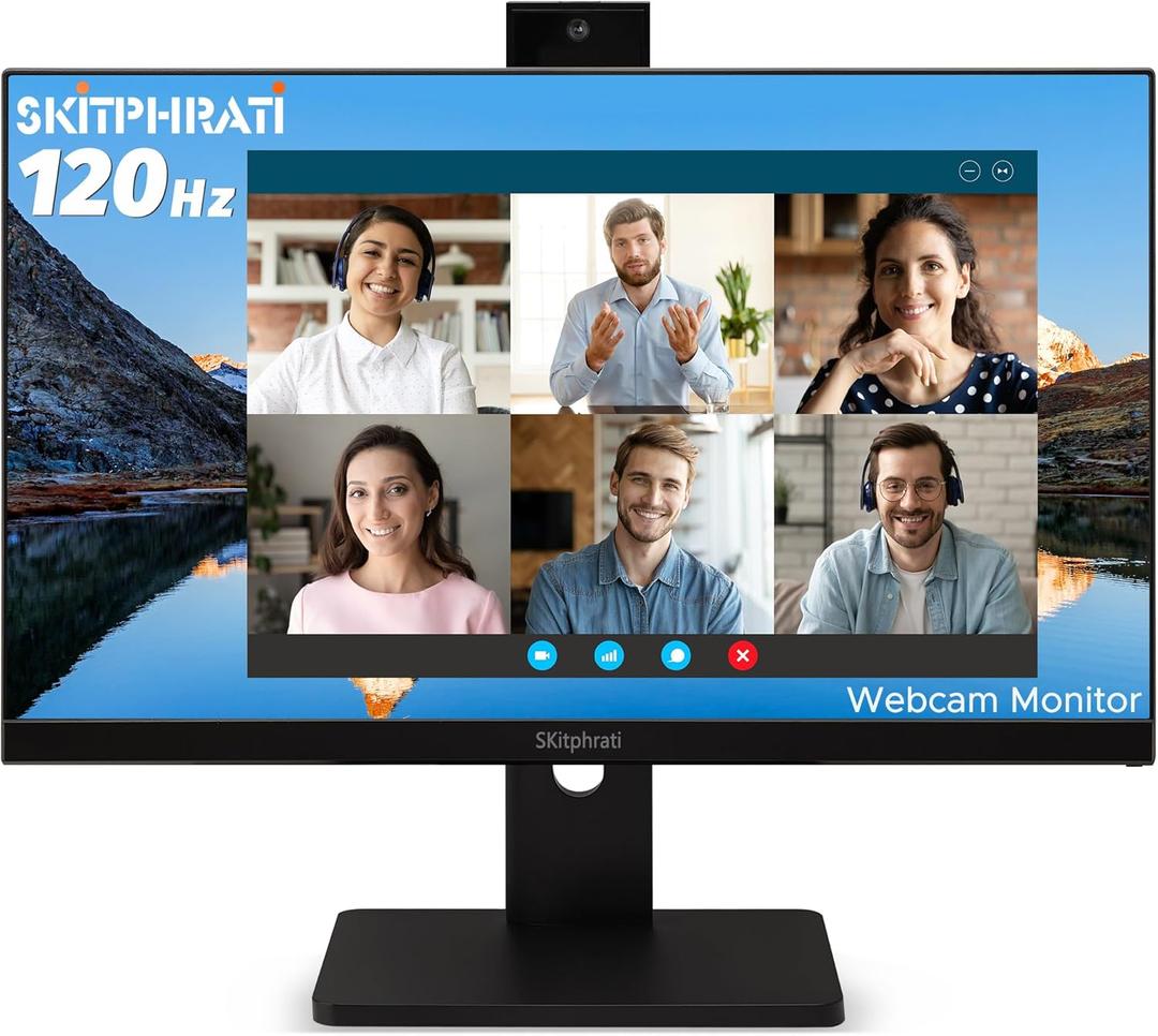 SKitphrati 23.8 Business Webcam Gaming Monitor, 1080P IPS 120HZ, Video Conference Monitor - Built-in Adjustable 3MP Webcam, Mic Array, Speakers, Eye Care, Frameless, HDMI, DP, VGA, USB 2.0