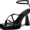 Reitoye Strappy Heels for Women Platform High Chunky Heels Square Open Toe Heeled Sandals Ankle Strap Block Heels (Black, Size 9)