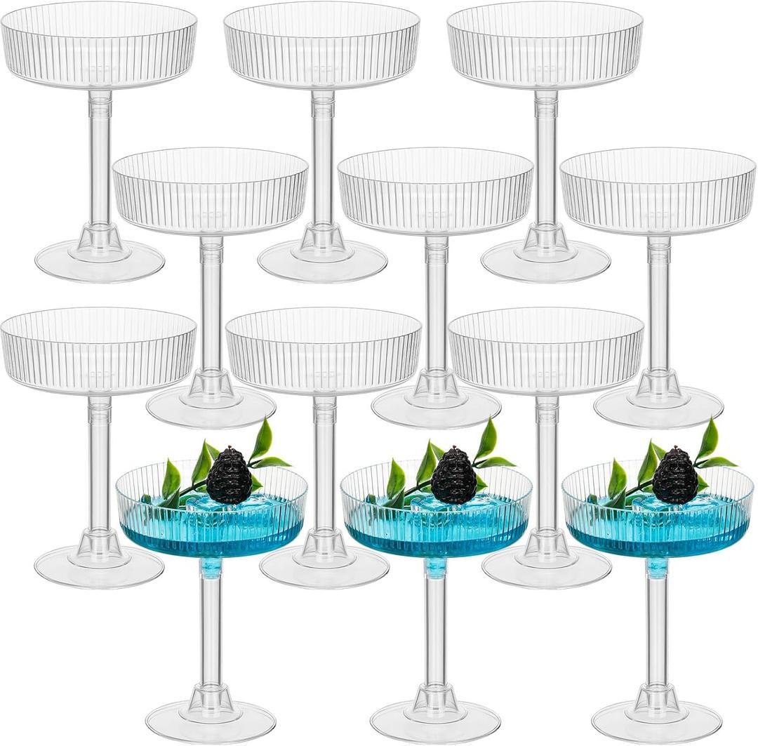 12 Pcs Ribbed Martini Glasses 5 oz Disposable Plastic Vintage Ribbed Coupe Glasses Cocktail Unbreakable Dessert Parfait Glassware for Wedding Party Supplies (Clear)