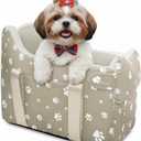 Dog Car Seat for Small Dogs (Under 15 lbs) Center Console Pet Carrier with Safety Belt, Storage Pockets & Removable Washable Cover (Khaki Car Seat)