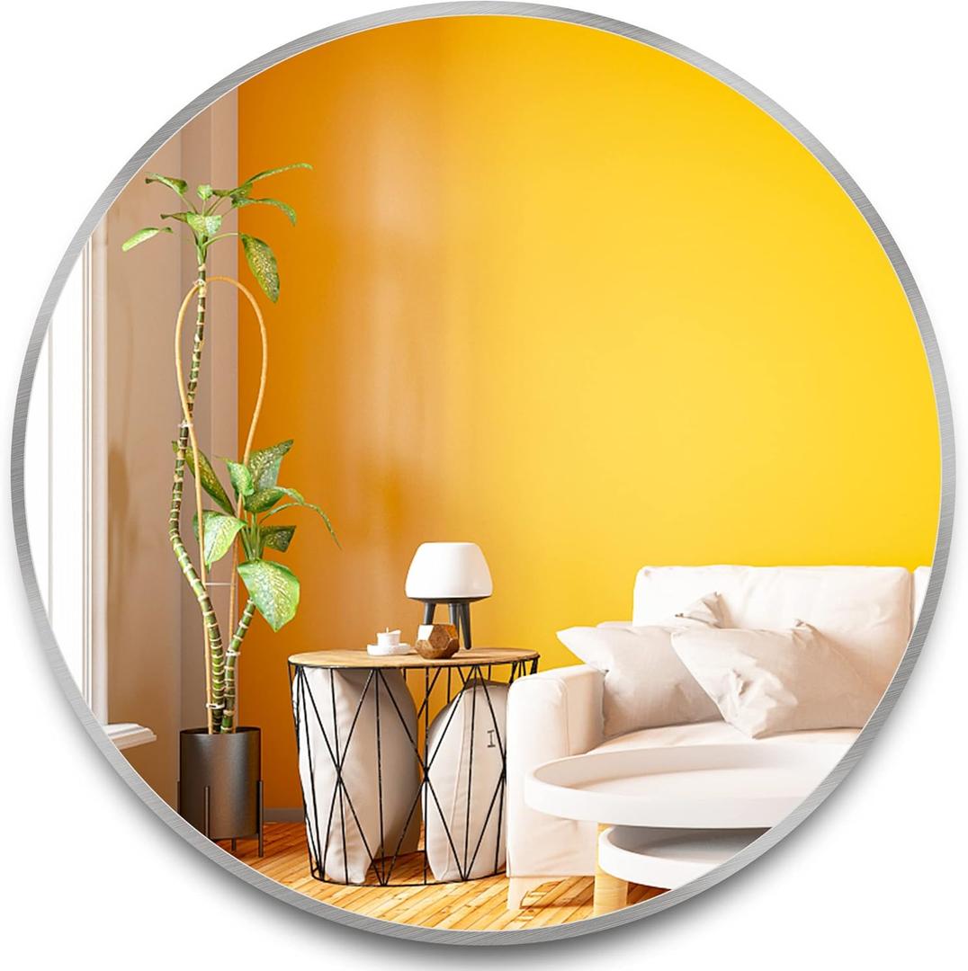 Itrue Round Mirror Silver 36 Inch for Bathroom Circle Mirrors for Wall Decorative Brushed Metal Frame Mirror for Living Room Bedroom, Entry