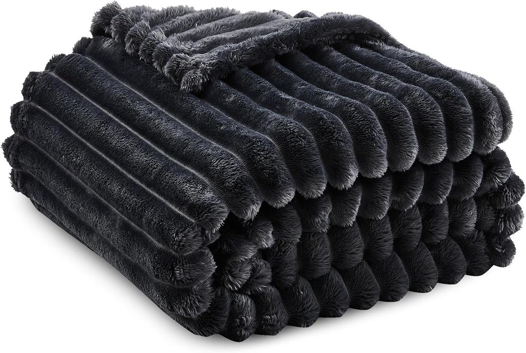 Super Soft Queen Blanket for Bed, Premium Silky Flannel Fleece with 3D Striped Jacquard Design, Lightweight and Cozy for Living Room, and All-Season Use, 90x90 Inches.Dark Grey