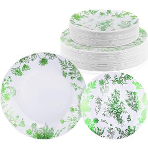 Kochorie 72 Pieces White & Green Floral Disposable Plastic Plates, 10.25" and 7.5" Dinner and Dessert Plates Serving Dish Tray Heavy Duty Party Tableware Supplies for Weddings Birthdays