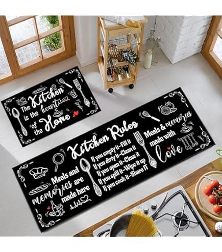 Black and White Kitchen Rugs,Non Skid Washable Microfiber mats for Kitchen Floor, Kitchen Rules Theme Cushioned Runner Rug Decor Sets of 2,Size 17"x 47"+17"x 30"