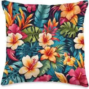 Hawaii Tropical Floral Pattern Hibiscus Flowers Palm Leaves Throw Pillow (16x16)