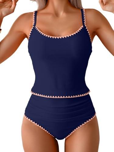 Eomenie Tankini Swimsuit for Women Tummy Control Ruched Two Piece Bathing Suits High Waisted Shell Stitch Swimwear L Navy Blue