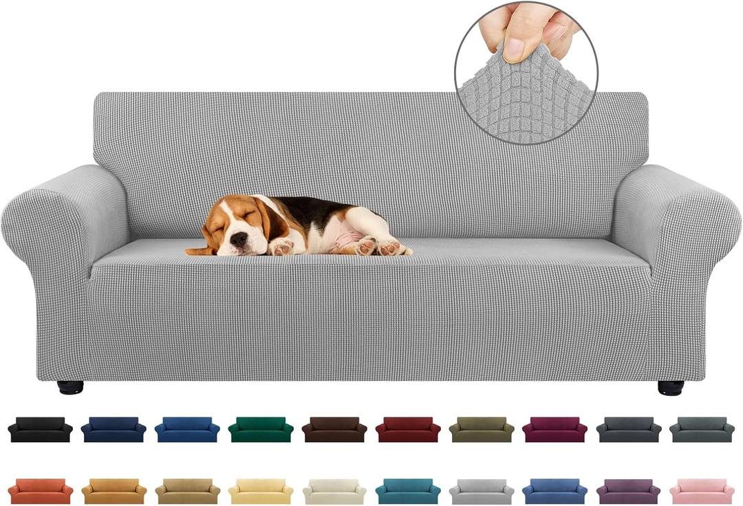 KEKUOU Stretch Sofa Cover Slipcover Couch Covers for 3 Cushion Couch Sofa pet Friendly (78"-94") Furniture Protector Sofa with Elastic Bottom for Kids,Dog, Jacquard Small Checked(Large,Silver)