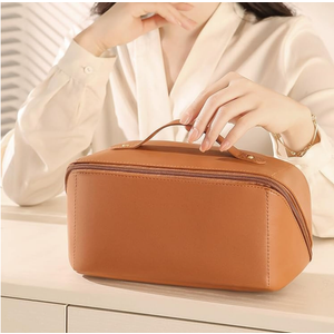 Travel Makeup Bag, PU Leather Cosmetic Bags for Women, Waterproof Portable Pouch Open Flat Toiletry Bag, Make up Organizer with Divider and Handle - Brown pack of 3