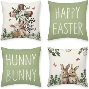 Happy Easter Bunny Pillow Covers Cross Hydrangeas Flower 18 x 18 Inch Throw Pillows, Spring Anniversary Celebration Seasonal Decorative Farmhouse Cushion Case for Sofa Couch Set of 4