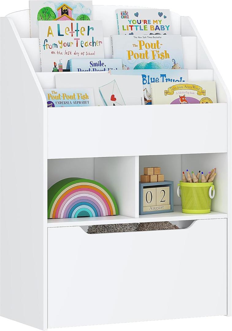 UTEX Bookshelf for Kids, Wooden Book Display, Kids Bookshelf and Toy Storage, Children Book Rack Bookcase Toybox Combo for Bedroom & Nursery, White