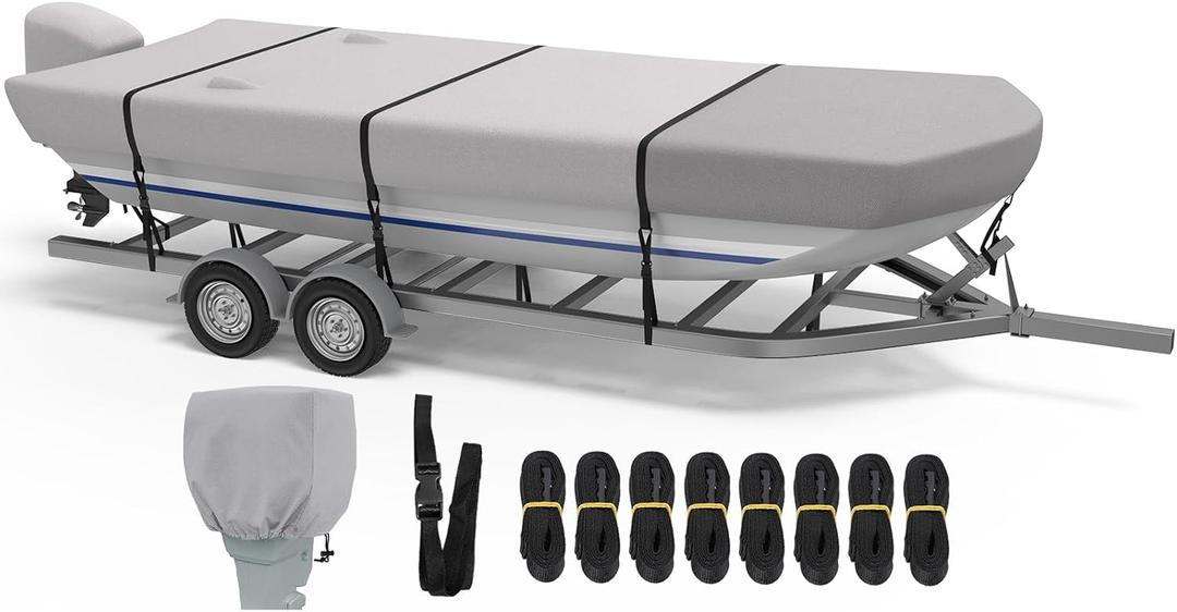 RVMasking Jon Boat Cover - 12-14ft Boat Cover with Motor Cover, 1400D Heavy Duty Front Reinforced Jon Boat Covers, Marine Grade Waterproof & UV Resistant, Fits Beam Width up to 70", Gray