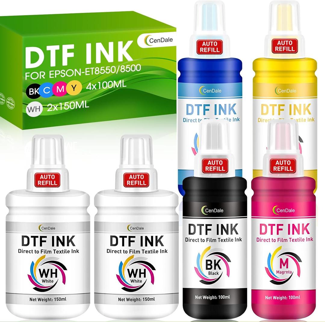 Upgraded Auto-Fill DTF Ink - 700ML DTF Transfer Ink for Epson ET-8550 ET-8500 Printers, Heat Transfer Printing Ink Set 100ml x 4 CMYK, 150 x 2 White (Anti-UV/ICC-Free)