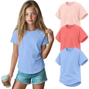 3 Pack Girls' Short Sleeve T-Shirts Loose Fit Crew Neck Tops Raglan Curve Hem Shirts Casual Kids Basic Tees 5-14Y