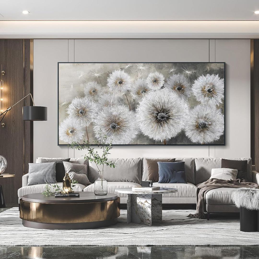 Pogusmavi Dandelion Wall Art Farmhouse Wall Art for Living Room Pictures for Bedroom Wall Decor Canvas Paintings Framed Wall Art for Bedroom Office Artwork Wall Decor Textured Art 3060IN, 58"L x 29"W