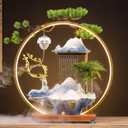 Desk Waterfall Fountain Indoor Ceramic Deer Sculpture,Tabletop Mini Water Fountain with MistAdjustable LED Light Ring and Backflow Incense Burner Holder(PQLU001)