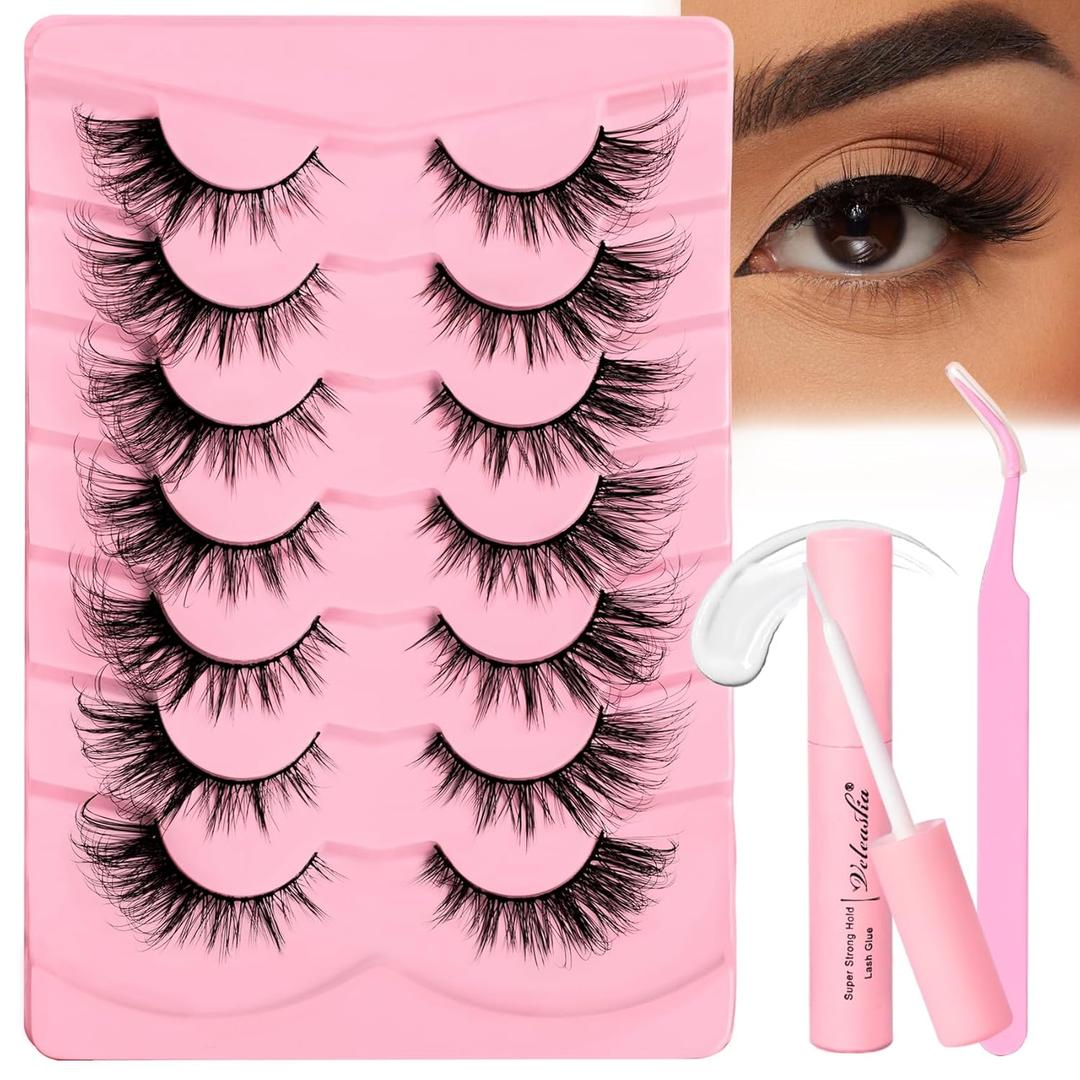 Veleasha Fox Eye Lashes Kit with Glue & Tweezer - 7 Pairs Faux Mink Lashes - Brown - Cruelty Free Fiber - False Eyelashes