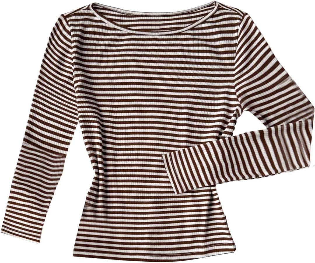 RoseSeek Girl's Striped Ribbed Knit Tops Crew Neck Long Sleeve T Shirts Y2k Tops Fall Outfits, 10Y