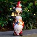 Garden Gnome Statue with Solar Lights Garden Sculptures Funny Triple Gnome Outdoor Patio Lawn Yard Balcony Home Decor Birthday Gift for Woman Grandma 12 in Spring Gnomes (Multicolor)