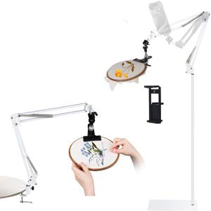 Adjustable Embroidery Hoops Stand for Hand Work, Cross Stitch Frame with 360 Rotation, Embroidery Desktop Stand Suitable for Embroidery Kit,3-in-1 Hoop/Tablet/Phone Holder Floor&Desktop Stand White