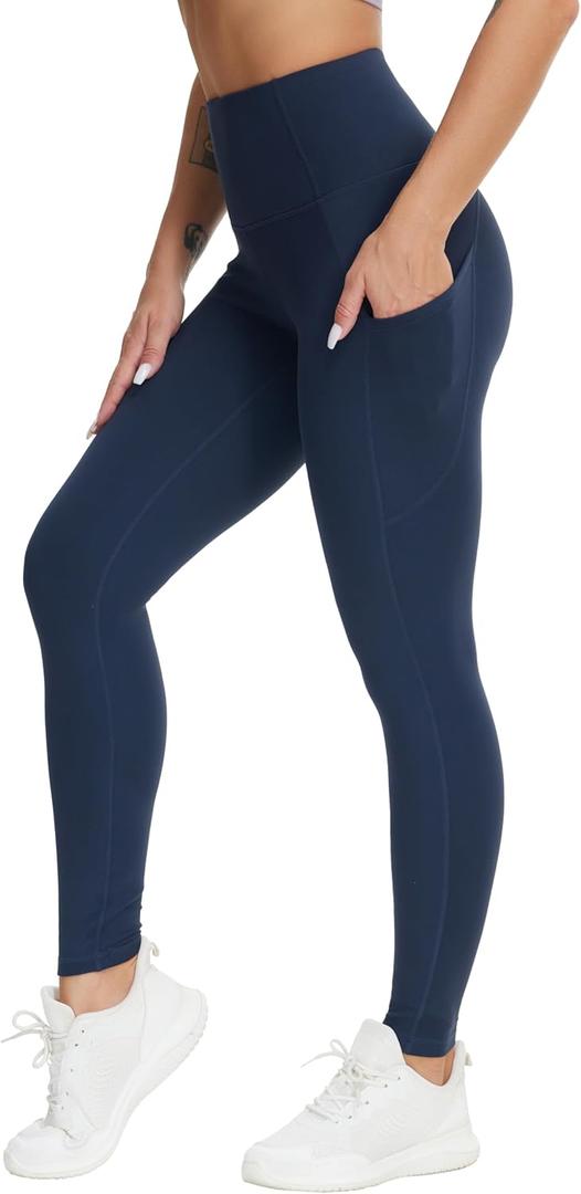 THE GYM PEOPLE Women's High Waist Yoga Pants Buttery Soft Stretchy Tummy Control Workout Athletic Leggings with Pockets (Large-X-Large, Navy Blue)