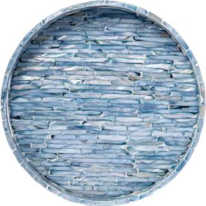 PEMAR 12.6 Mother of Pearls Lacquer Inlaid Round Serving Tray with Handles, Round Decorative Nacred Wooden Ottoman Coffee Table Tray (Blue Tiles)