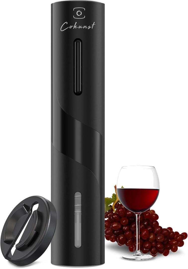 COKUNST Electric Wine Opener, Battery Operated Wine Bottle Openers with Foil Cutter, One-click Button Corkscrew Remover for Home Kitchen Party Wedding (Black)