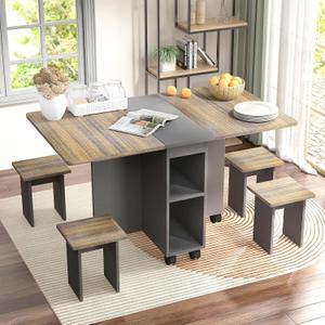 5-Piece Folding Extendable Dining Table Set for 4, Drop Leaf Dining Table with 4 Stools, Storage and 6 Wheels, Kitchen Table and Chairs for for Small Spaces(Brown & Gray)