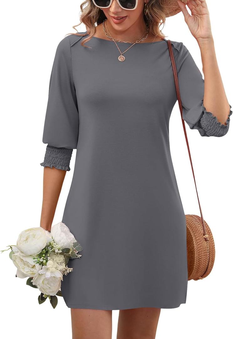LUYAA Womens Summer Mini Dresses Boatneck 3/4 Puff Sleeve Floral T Shirt Dress with Pockets Boho Dresses Fashion Trendy 2025, M