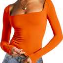 Dwnval Long Sleeve Shirts for Women - Basic Slim Fit Double Lined Square Neck Crop T Shirt(Orange, S)