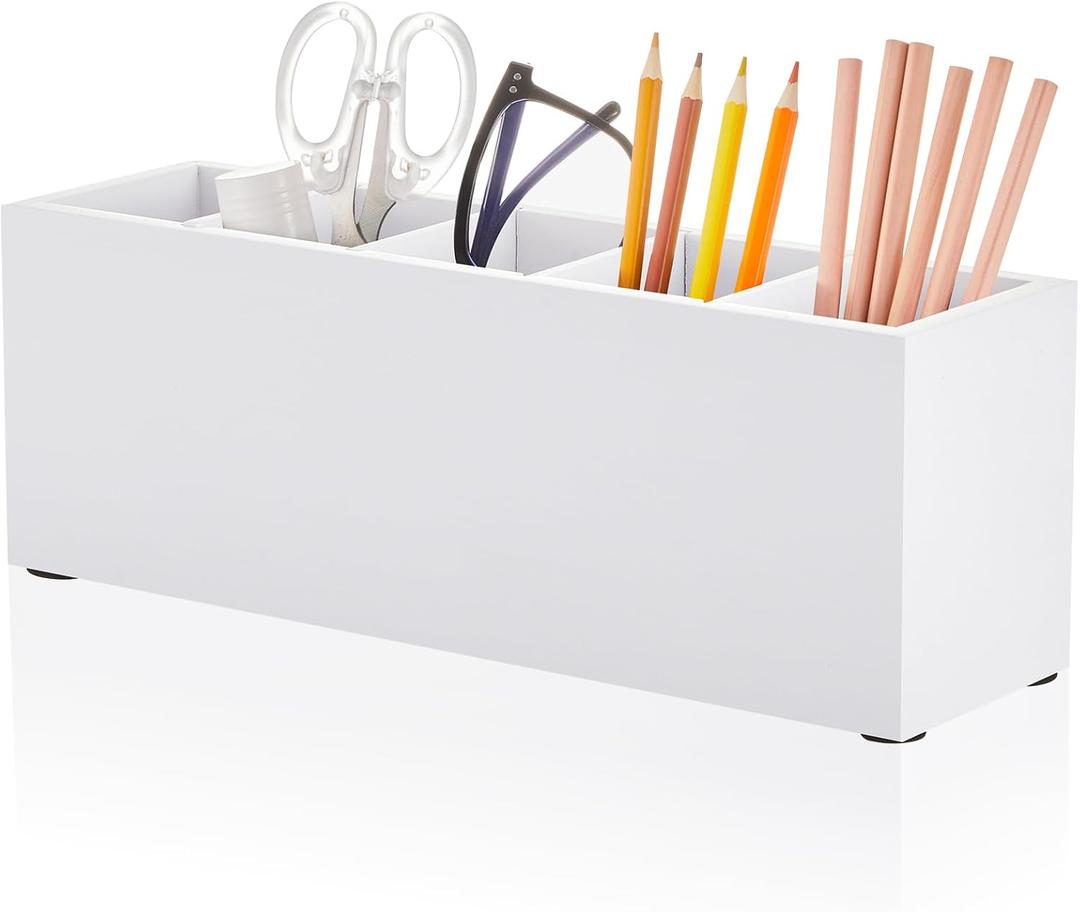 Jetec Wooden Pencil Holder 5 Compartments for Desk Adjustable Pen Holder Wood Office Desk Organizers and Accessories Makeup Brush Organizer for Pen, Home, Office and Art Supplies (White)