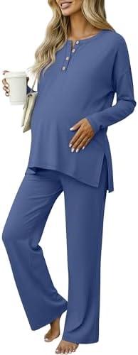 Yearntown Women's Maternity Pajamas Sets, Long Sleeve Pregnancy Postpartum Delivery Lounge Nursing Pjs with Pockets Pjs, XL