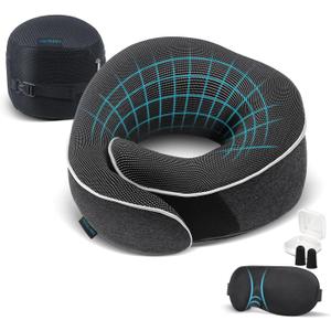 Proglobe Travel Neck Pillow 100% Memory Foam Airplane & Car Travel Essentials Kit with 3D Eye Mask, Earplugs & Mesh Bag Sleeping Support Pillow for Adults (Dark Grey)