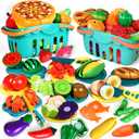 100 Pcs Play Food Set for Kids Kitchen, Pretend Food Toy for Toddlers Age 1-3, Plastics Cutting Fake Food/ Fruit/ Vegetable Accessories with 2 Baskets, Birthday Gifts for 2 3 4 5 Years Old Boys Girls (Blue)