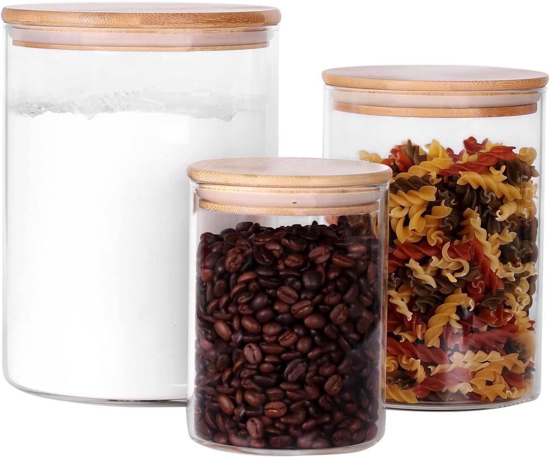 Glass Containers, Set of 3 Airtight Glass Canisters for Flour, Sugar, Rice, Salt (100 OZ/54 OZ/27 OZ)