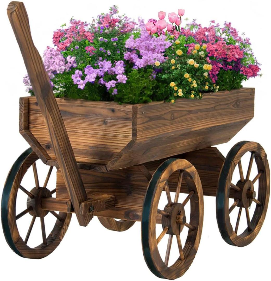 Wood Wagon Planter for Outdoor Balcony Decor - Garden Rustic Wooden Flower Cart with Wheels for Outside - Decorative Indoor - Wheelbarrow Planter for Patio -Reinforced Wheel