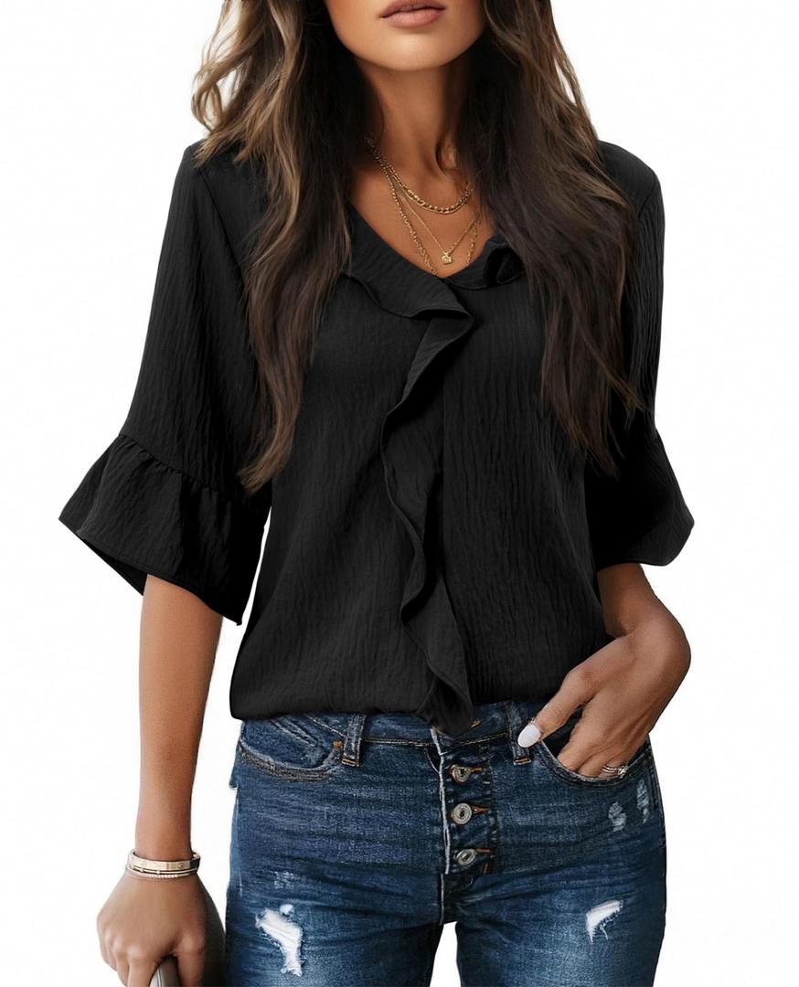 siliteelon Womens Blouses Dressy Casual 3/4 Sleeve Ruffle Bell Top Ladies Business Formal Work Shirt Spring Trendy 2026 2