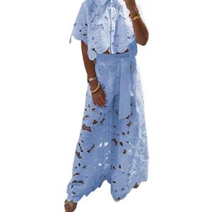 NIFTRIRY Outfits for Women 2 Piece Sets Lace Crop Shirt with Wide Leg Pants Two Piece Sets for Women Dressy (Medium, Blue)